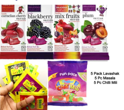 5 Lavashak + 3 Pc Chili mili + 2 Pc Dakar Churan+5 fruite Bar+ 2 pack anar Emili / lavashak Box Ready To Eat